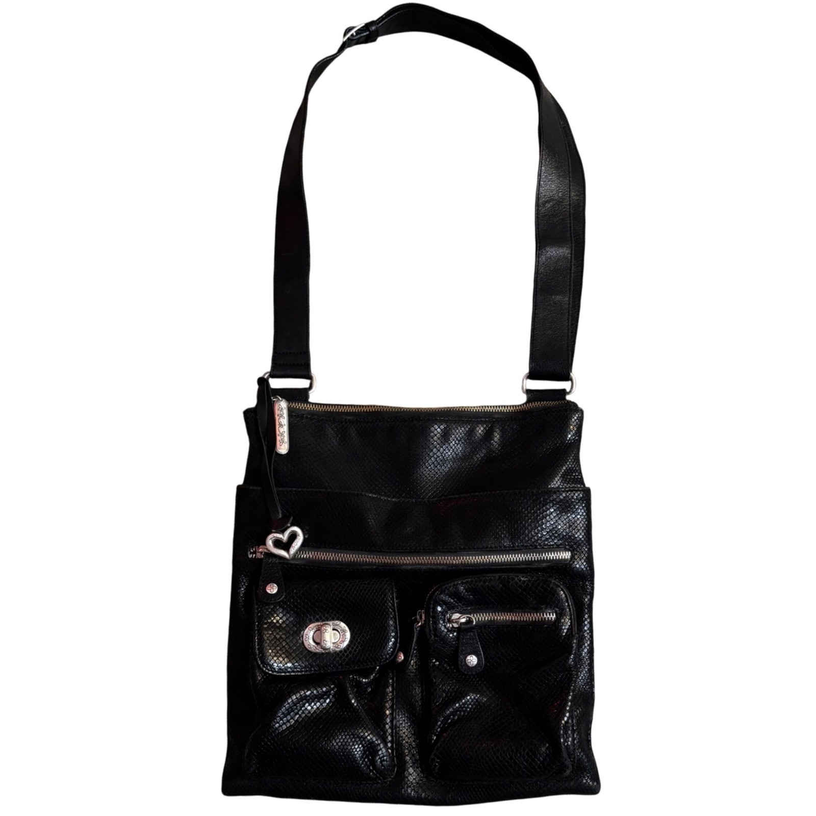 Vtg Brighton Black Snakeskin Embossed Leather Crossbody Organizer Bag E151936